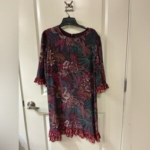 Johnny Was Burgundy Floral Shift Dress with Teal & Pink Accents